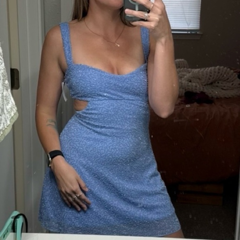 Embellished Cut Out Mini Dress in powder blue